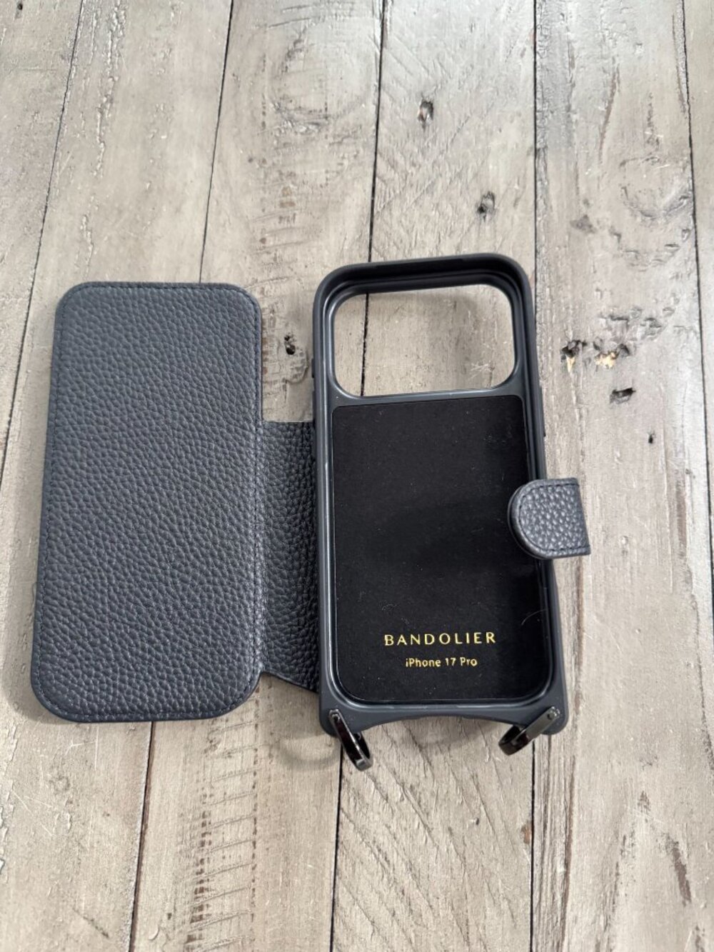 Bandolier iPhone 17 Pro Phone Case Black Leather Gold